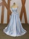 Deluxe Light Blue Elastic Woven Satin Lace Up Prom Evening Gown Sleeveless Floor Length Appliques and Belt