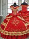 Dynamic Red Quinceanera Dress Military Ball and Sweet 16 and Quinceanera with Beading and Embroidery and Ruffled Layers Off The Shoulder Cap Sleeves Zipper