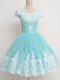 Nice Knee Length A-line Cap Sleeves Aqua Blue Dama Dress for Quinceanera Zipper
