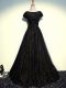 Custom Designed Black Zipper Homecoming Dress Beading and Lace and Belt Short Sleeves Floor Length