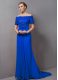 Beauteous Blue Prom Evening Gown Prom and Party with Lace Off The Shoulder Short Sleeves Sweep Train Zipper