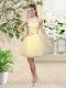 Graceful Halter Top Sleeveless Court Dresses for Sweet 16 Knee Length Lace and Belt Light Yellow Tulle