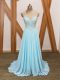 Designer Aqua Blue Prom Dress Chiffon Brush Train Short Sleeves Beading and Ruching