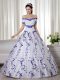 Organza Off The Shoulder Short Sleeves Lace Up Embroidery 15 Quinceanera Dress in White
