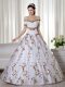 White Off The Shoulder Lace Up Embroidery Quinceanera Dress Short Sleeves