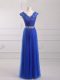 Attractive Royal Blue Lace Up V-neck Beading and Lace and Appliques and Belt Dress for Prom Tulle Short Sleeves