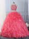 Hot Pink Sleeveless Organza Lace Up 15 Quinceanera Dress for Military Ball and Sweet 16 and Quinceanera