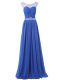 Deluxe Scoop Sleeveless Sweep Train Side Zipper Prom Dresses Blue Chiffon