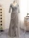 Custom Design Grey Prom Party Dress Prom and Party and Beach and Wedding Party with Lace and Appliques V-neck Long Sleeves Zipper