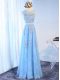 Simple Baby Blue A-line Beading and Lace and Appliques and Belt Prom Party Dress Zipper Tulle Sleeveless Floor Length
