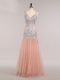 Beading and Sequins Prom Dress Peach Zipper Sleeveless Floor Length