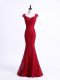 Customized Floor Length Mermaid Sleeveless Red Prom Evening Gown Lace Up