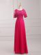 Luxury Hot Pink Half Sleeves Chiffon Zipper Evening Dress for Prom and Military Ball and Beach