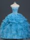 Floor Length Lace Up Quinceanera Dresses Baby Blue for Military Ball and Sweet 16 and Quinceanera with Beading and Ruffles and Pick Ups