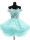 Customized Aqua Blue Organza Zipper Off The Shoulder Sleeveless Mini Length Homecoming Dress Beading and Lace