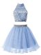 A-line Vestidos de Damas Light Blue High-neck Organza Sleeveless Knee Length Zipper