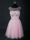 Cheap Mini Length Baby Pink Prom Dresses Tulle Short Sleeves Beading