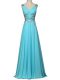 Simple Aqua Blue Empire Beading and Ruching Homecoming Dress Zipper Chiffon Sleeveless Floor Length