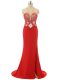Fashion Red Prom and Party and Military Ball with Beading High-neck Sleeveless Brush Train Backless