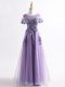 Lavender Short Sleeves Floor Length Appliques Backless Prom Evening Gown