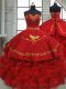Custom Design Wine Red Quince Ball Gowns Satin and Organza Brush Train Sleeveless Beading and Embroidery and Ruffles