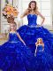 Royal Blue Ball Gowns Organza Strapless Sleeveless Beading and Ruffles Floor Length Lace Up Quinceanera Dresses