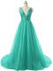 Ideal A-line Sleeveless Turquoise Prom Dresses Brush Train Backless