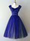 Royal Blue A-line Ruching Dama Dress for Quinceanera Lace Up Chiffon Cap Sleeves Knee Length