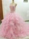 Fashion Baby Pink Lace Up Sweetheart Beading and Ruffles Quince Ball Gowns Organza Sleeveless Brush Train