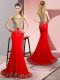 Ideal Red Side Zipper Scoop Beading and Appliques Prom Gown Elastic Woven Satin Sleeveless Brush Train