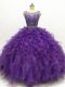 Smart Floor Length Purple Quince Ball Gowns Organza Sleeveless Beading and Ruffles
