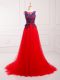 Best Sleeveless Brush Train Lace Up Lace and Appliques Dress for Prom