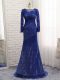 Superior Tulle Bateau Long Sleeves Brush Train Zipper Lace Prom Dress in Blue
