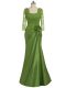 Stylish Olive Green Column/Sheath Lace and Appliques and Hand Made Flower Prom Evening Gown Zipper Elastic Woven Satin Long Sleeves Floor Length