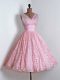 Ideal A-line Damas Dress Baby Pink V-neck Lace Sleeveless Mini Length Lace Up