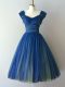 A-line Quinceanera Court of Honor Dress Blue V-neck Chiffon and Tulle Cap Sleeves Knee Length Lace Up