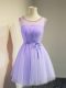 Fantastic Lavender Empire Tulle Scoop Sleeveless Belt Knee Length Lace Up Dama Dress for Quinceanera