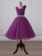 Tea Length Zipper Kids Pageant Dress Purple for Wedding Party with Beading and Hand Made Flower