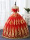 Red Half Sleeves Appliques Floor Length Quinceanera Gown
