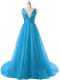 Fabulous Blue Organza Backless V-neck Sleeveless Dress for Prom Brush Train Ruching