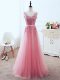 Pink Tulle Lace Up V-neck Sleeveless Floor Length Prom Dress Lace and Appliques and Belt