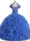 High Quality Blue Strapless Lace Up Beading and Ruffles Ball Gown Prom Dress Sleeveless