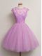 Deluxe Lilac Ball Gowns Lace Quinceanera Court of Honor Dress Lace Up Tulle Cap Sleeves Knee Length