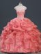 Deluxe Watermelon Red Ball Gowns Sweetheart Sleeveless Organza Floor Length Lace Up Beading and Ruffles and Pick Ups 15 Quinceanera Dress