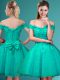 Delicate Tulle Off The Shoulder Cap Sleeves Lace Up Lace and Belt Quinceanera Dama Dress in Turquoise
