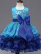 Custom Design Royal Blue Sleeveless Tea Length Lace and Ruffled Layers and Bowknot Zipper Child Pageant Dress Custom Design Royal Blue Sleeveless Tea Length Lace and Ruffled Layers and Bowknot Zipper Child Pageant Dress