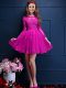 Fuchsia A-line Chiffon Scalloped 3 4 Length Sleeve Beading and Lace and Appliques Mini Length Lace Up Dama Dress for Quinceanera