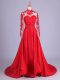 Captivating Brush Train A-line Prom Evening Gown Red Halter Top Taffeta Long Sleeves Zipper