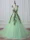 V-neck Sleeveless Court Train Lace Up Dress for Prom Apple Green Tulle