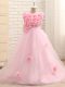 Most Popular Sleeveless Hand Made Flower Zipper Pageant Gowns For Girls with Baby Pink Brush Train